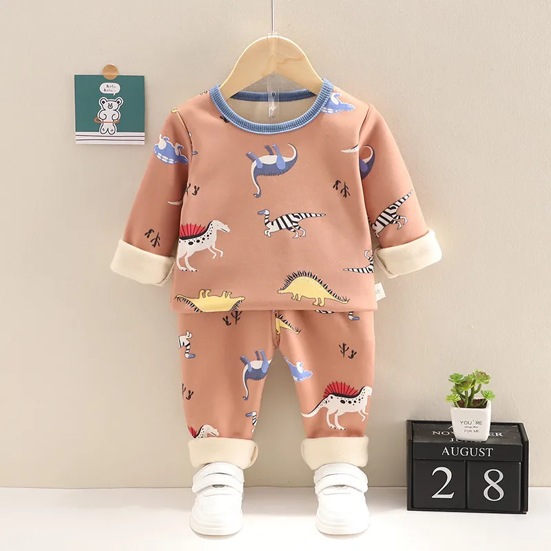 Autumn & Winter Factory Cheap Baby boy Clothing suits Girls plus Velvet Underwear Children's Cartoon Dinosaur Home Pajamas