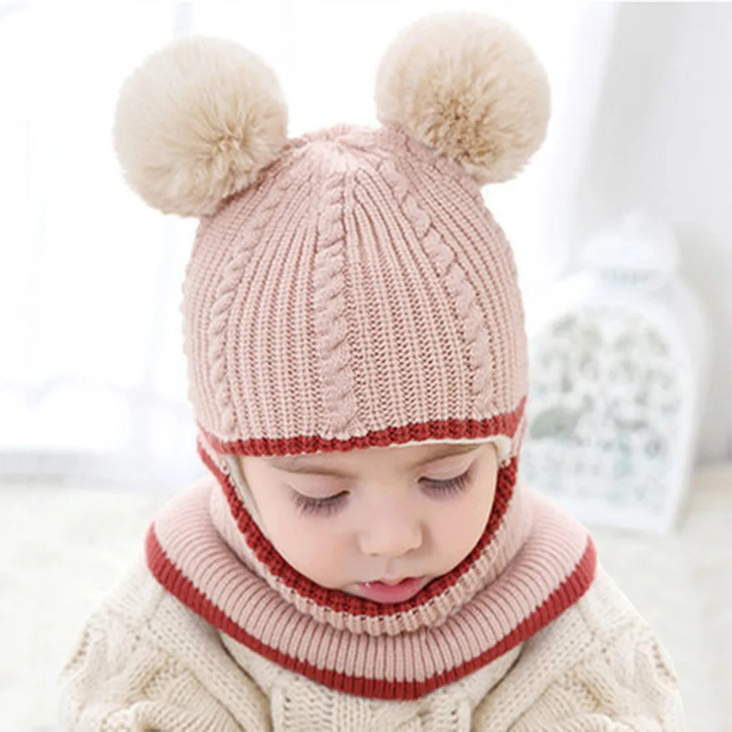 Baby Hat Scarf One-pieces Boys Girl Pompon Hats for Kids Winter Warm Knit Crochet Beanie Cap Children Caps 2-5Y | Детская одежда и
