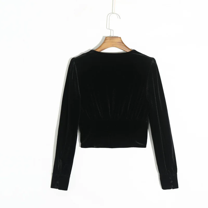 

Spring and autumn women's casual solid color V-neck long-sleeved velvet T-shirt