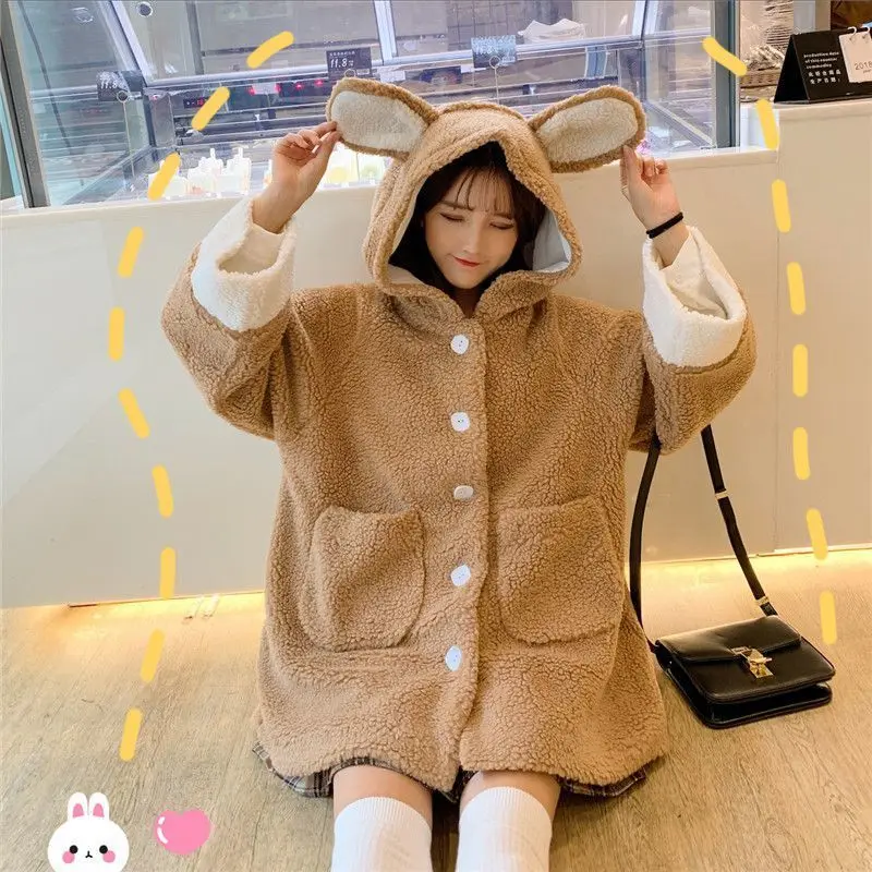 

2020 Autumn Winter Thick Warm Soft Hooded Jacket Female Pocket Overcoat Bear Teddy Coat Plush Overcoat Clothes For Teenagers