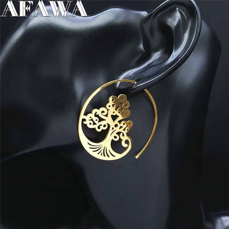 

2022 Stainless Steel Hoop Earings Women Silver Color Tree of Life Round Earings Women Round Boho Jewelry pendiente aro E9200S01
