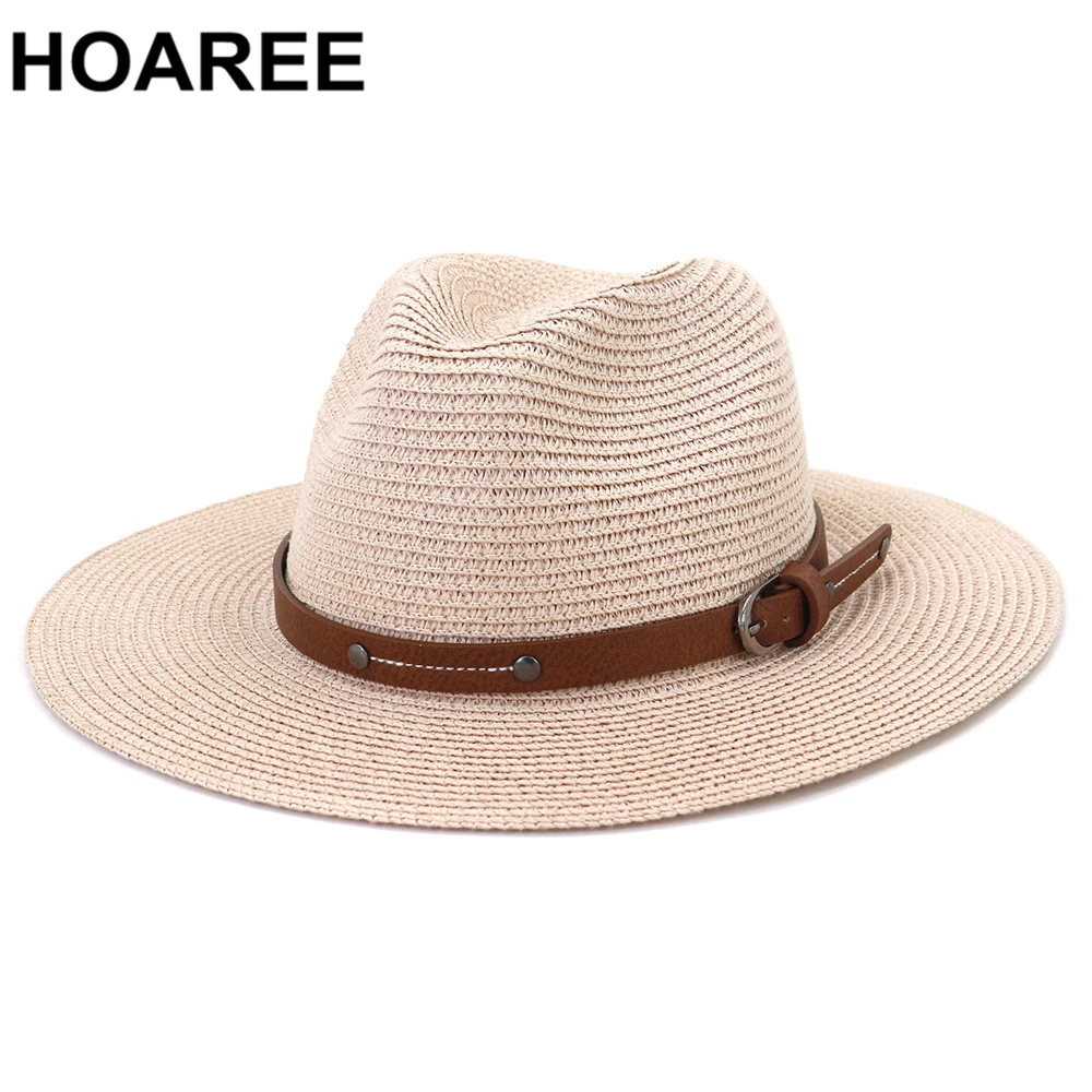 

HOAREE Pink Panama Hat Straw Summer Hats for Women Men Fedora Wide Brim Belt Decorate Male Female Jazz Sombrero Cap