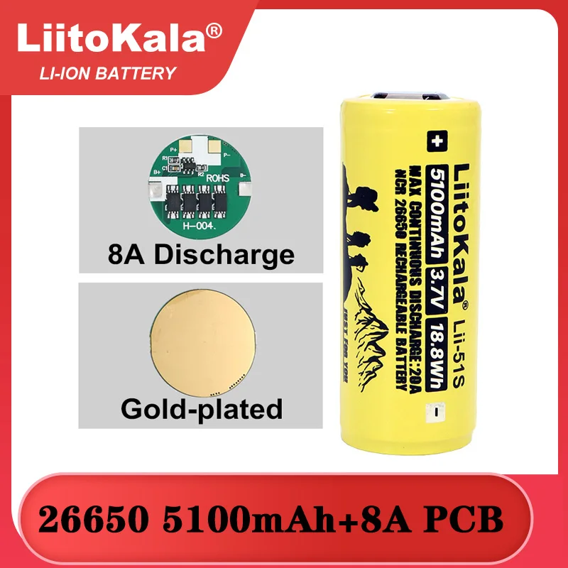 Перезаряжаемая литиевая батарея Liitokala LII-51S 26650 А 26650A 3 7 в 5100ма подходит для защиты