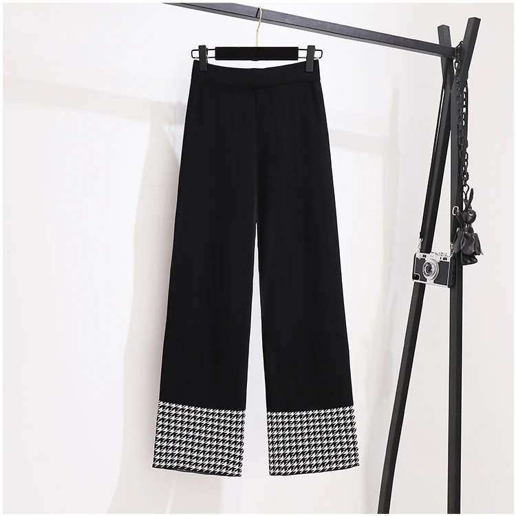 Plaid Knit Two Piece Suit Women Set Wide Legs Pants Outfits Long Sleeve V Neck Houndstooth Cardigans Woman's Knitted |