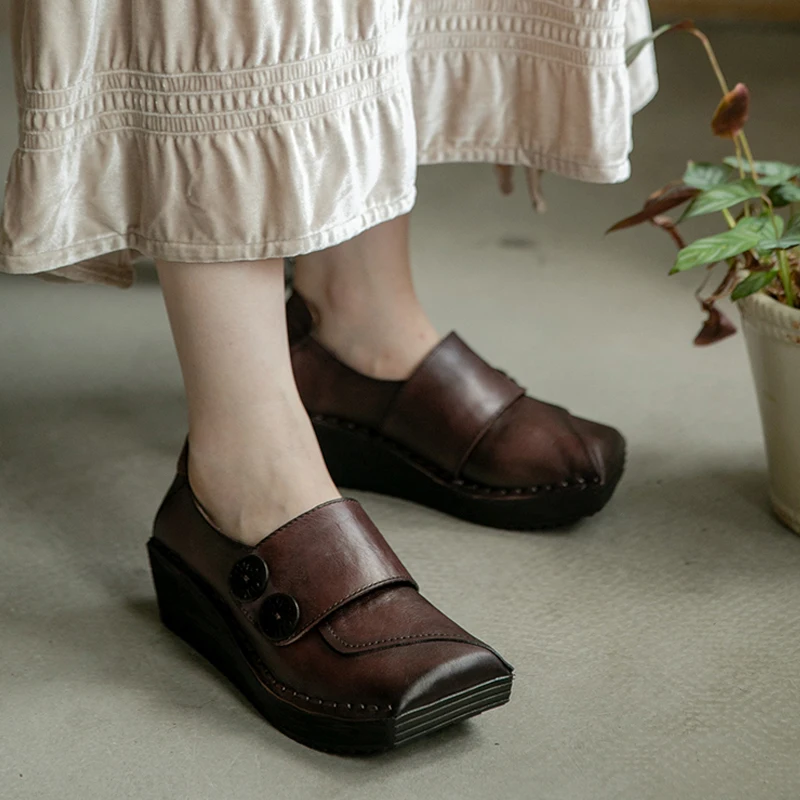 

Tayunxing Handmade Shoes Woman Genuine Leather Cowhide Wedges Spring Fall Mid Heels Pumps Platform Retro Comfort A0236-2