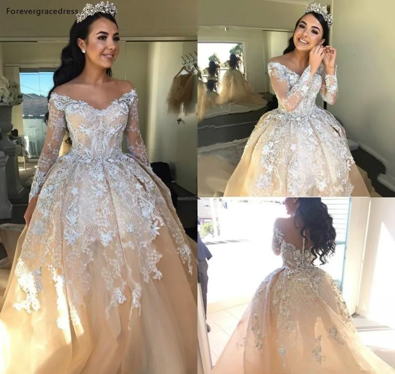 

2019 Off Shoulder Wedding Dress Sexy Champagne Ball Gown Long Sleeve Lace Appliques Church Formal Bride Bridal Gown Plus Size