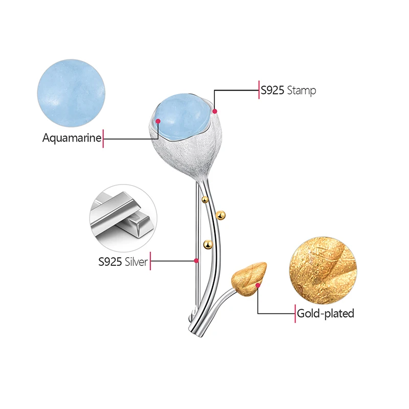 Лотосовое наслаждение. Реальное серебро 925 пробы. Ручная работа с природными камнями. Элегантные бутоны-броши для женщин.
