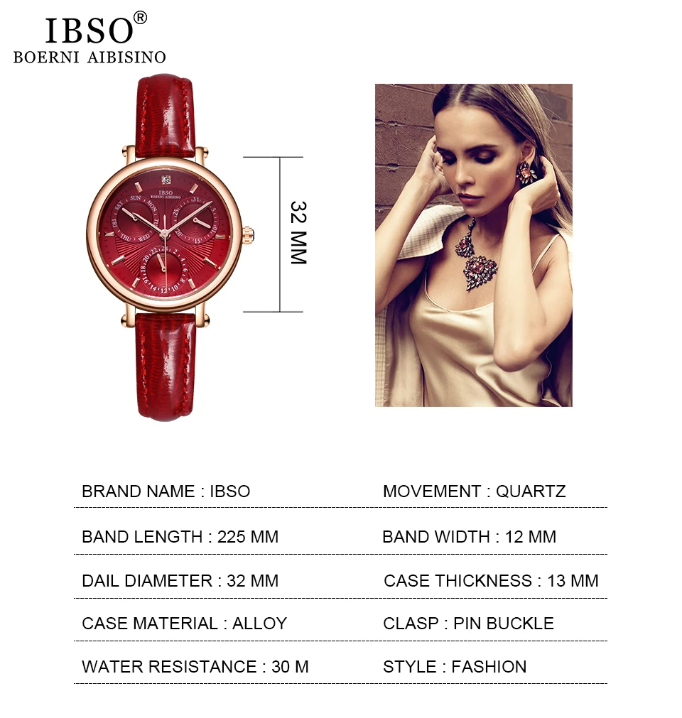 

IBSO Brand Woman Watches 2020 Genuine Leather Strap Quartz Watch Women Calendar Week Display 3ATM Waterproof Montre Femme