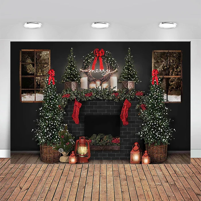 Christmas Fireplace Photography Background Christmas Tree Window Red Socks Candle Board Backdrop Family Portrait Photo Studio