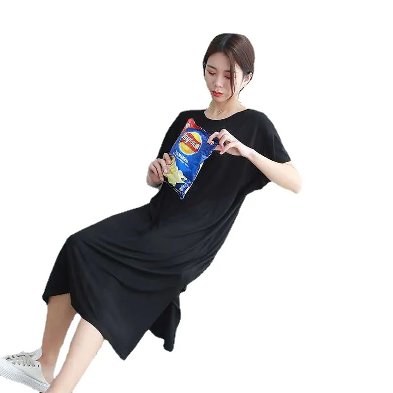 Spring Summer Women's Nightdress Large Size Modal Round Neck Short Sleeve Nightgown Casual Home Solid Color Long Skirt Sleepwear