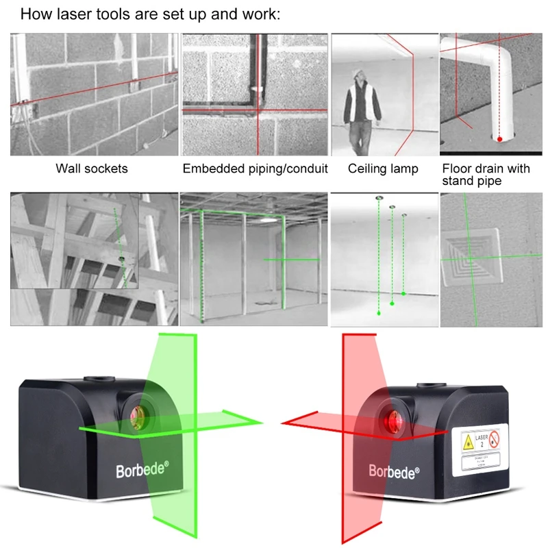 Лазерный уровень PINTUDY с 2 поперечными линиями Красного/зеленого цвета