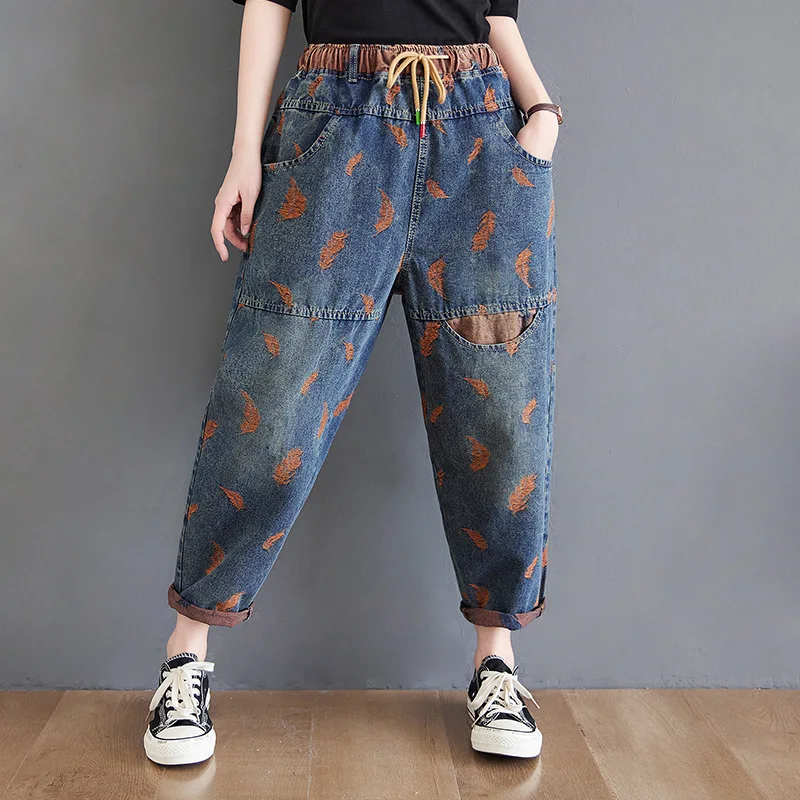 

New Spring High Waist Boyfriend Jeans For Women Fashion Streetwear Vintage Print Loose Female Denim Harem Pants
