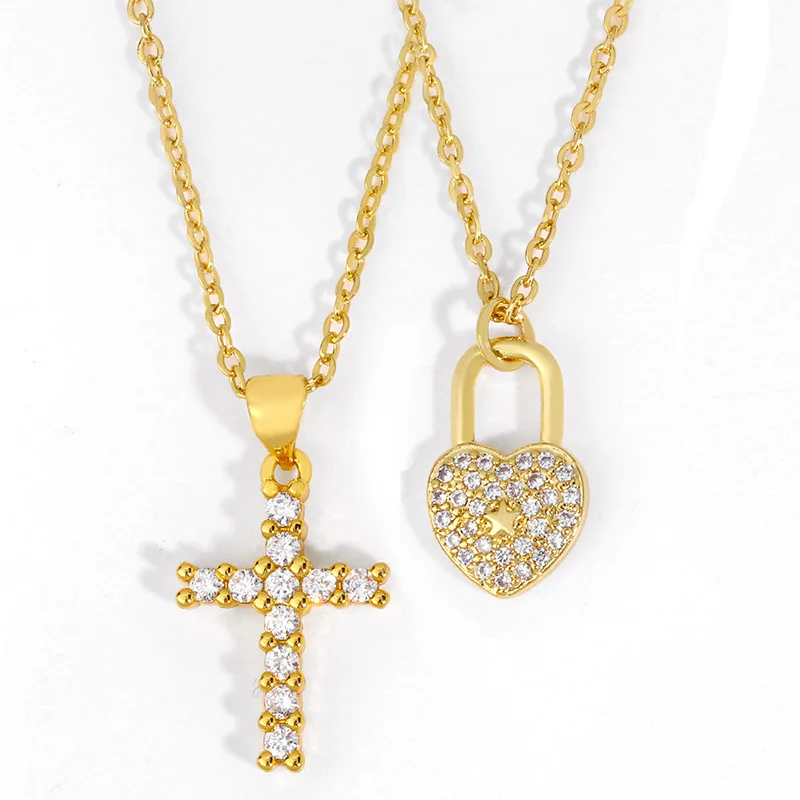 

Encrusted diamond cross necklace love lock pendant necklace