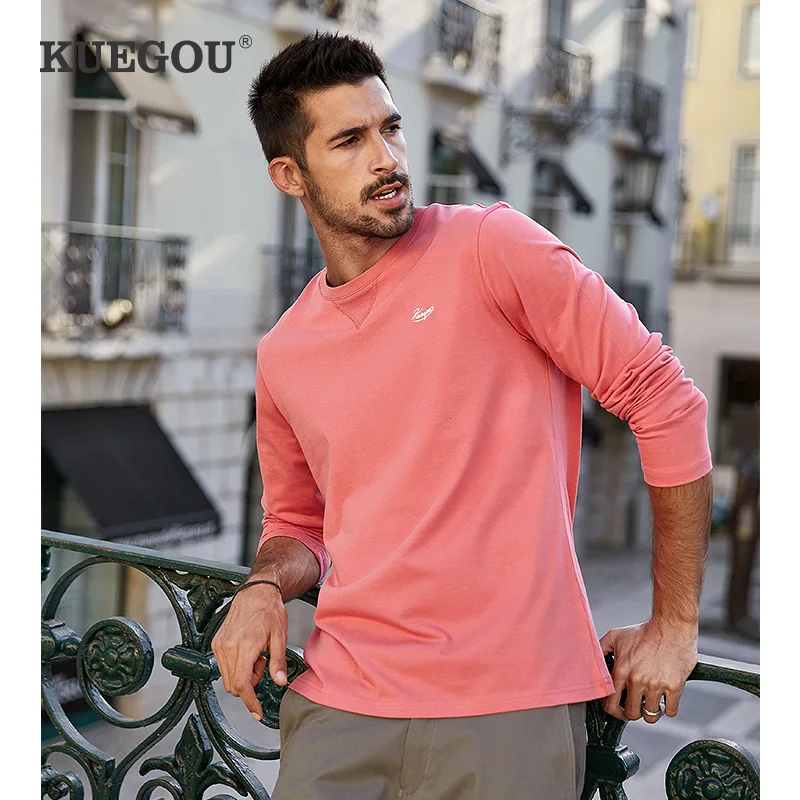 

Мужская футболка с длинным рукавом KUEGOU, черная футболка с длинным рукавом, с вышивкой буквами, Весна-Осень 100%