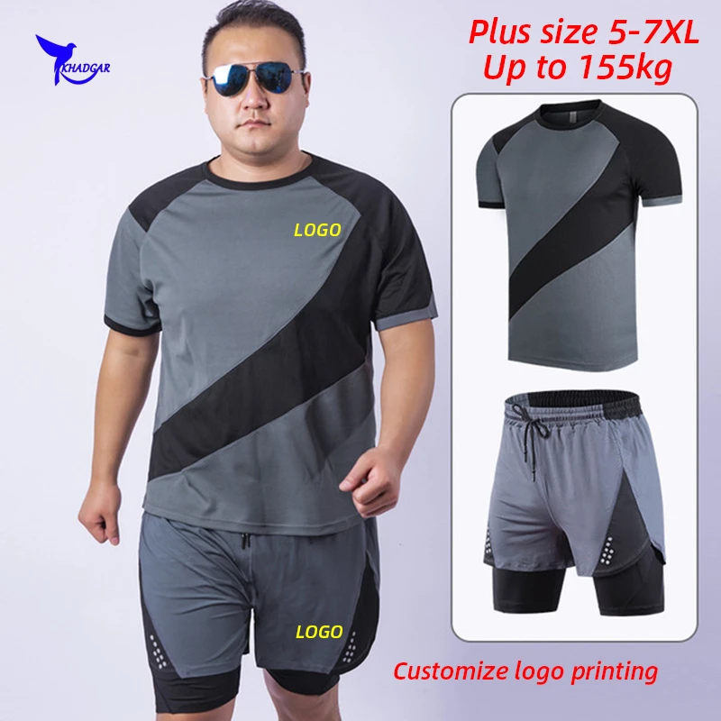 

Customize LOGO Training Set Men Summer Breathable Sports Wear Running Suit Plus Size 5-7XL T-shirt +Shorts Tracksuit Clothing