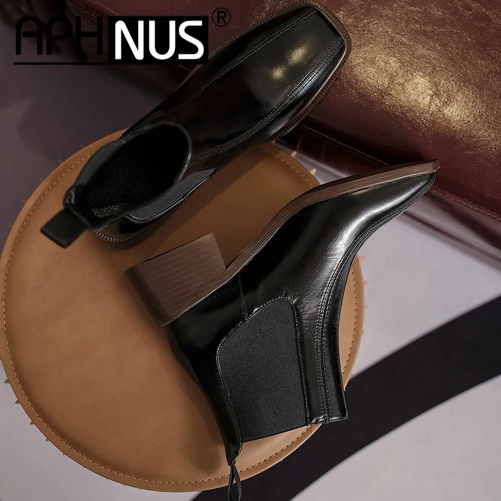 

APHNUS Womens Boots Genuine Leather Short Ankle Booties Low Mid Heels Pumps Woman 2020 Shoes For Women New Boot