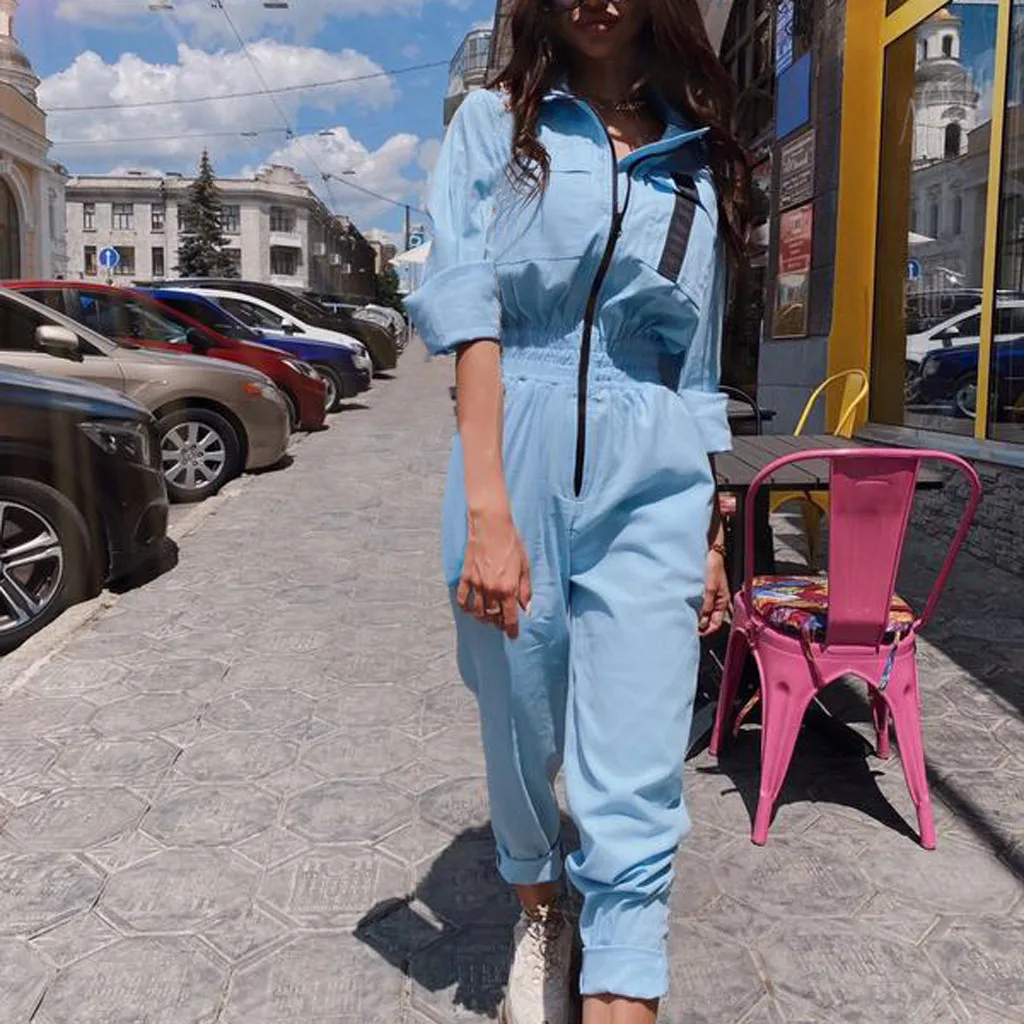 Женский модный однотонный комбинезон с длинными рукавами зауженным поясом и