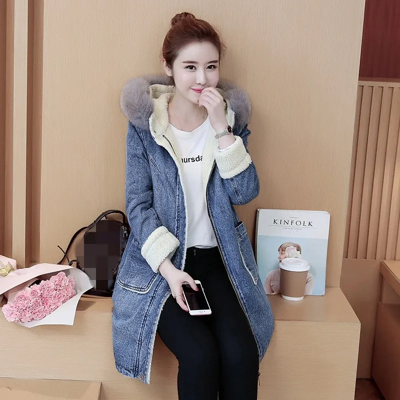 Casual Streetwear Women Big Fur Collar Denim Hooded Coats Winter Thick Warm Lambswool Liner Female Medium Length Plus Size | Женская