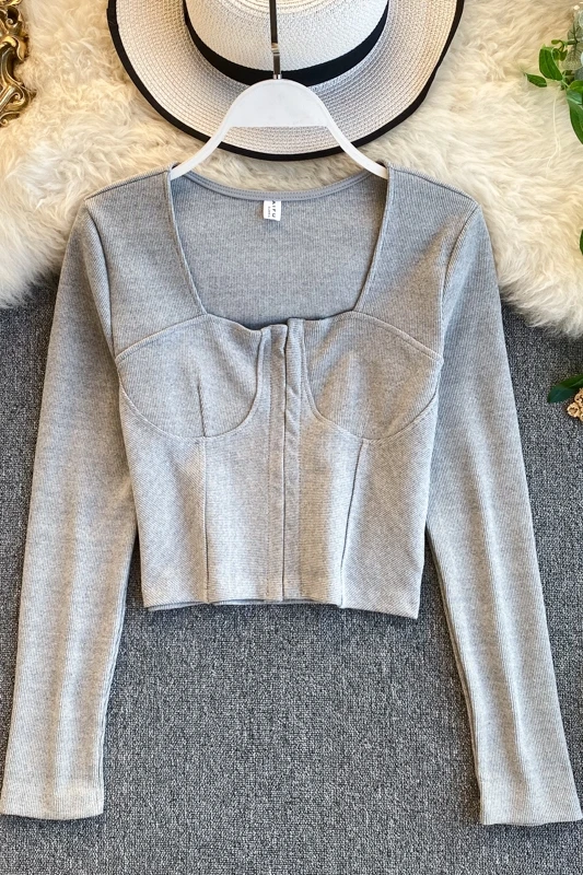 

t shirt women 2020 spring fashion clothing aesthetic Square Collar Cardigan Short Solid Cotton crop top long sleeve tshirt