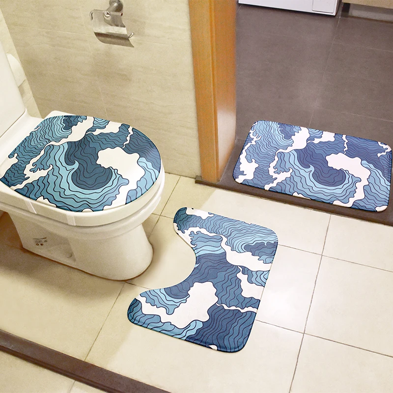 new style toilet cover set 3 piece bathroom non slip mat set shower decoration rug ukiyo e waves carpet flannel toilet cushion free global shipping