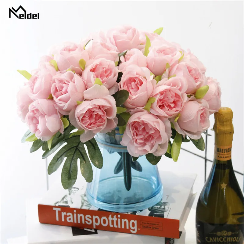 Meldel 10 Heads Artificial Flowers Roses Bouquet Silk Fake Flower with Leaves for DIY Home Garden Wedding Decor Pink White Flore | Дом и сад