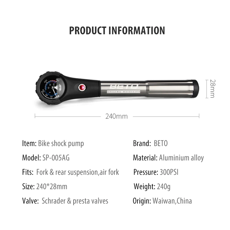 Насос для шин велосипеда BETO SP-005AG Combo 400 PSI высокое давление |