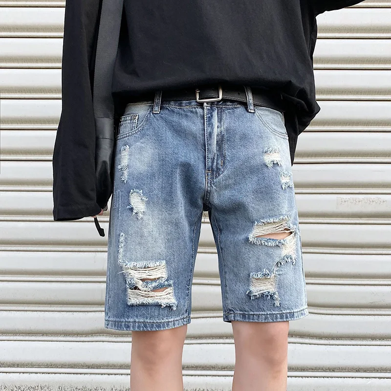 

Summer Denim Shorts Men's Hole Beggar Loose Straight Pants Korean Trend Ins Wild Five-Point Casual Short Jeans