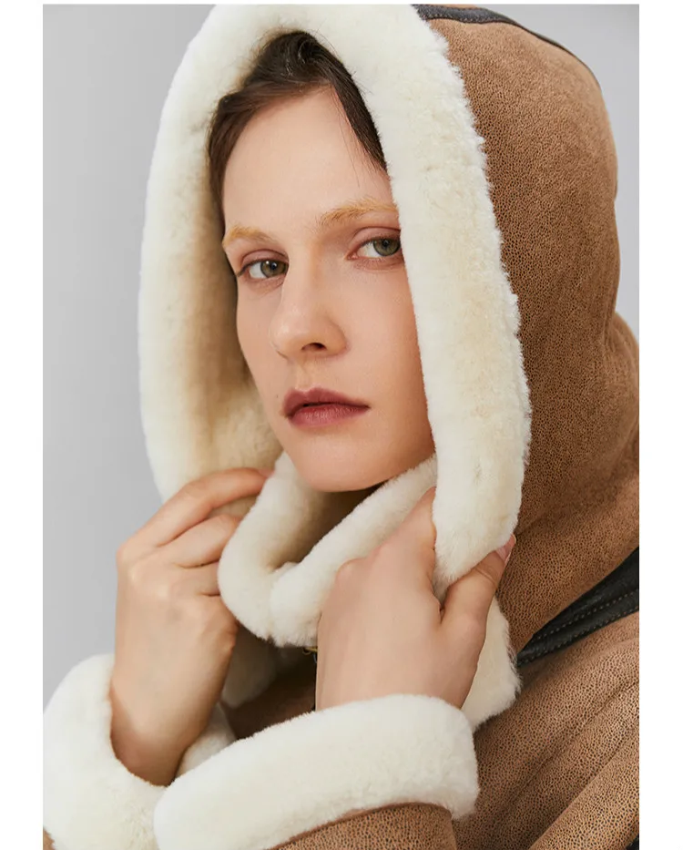 Высококачественное Женское пальто из овечьей шерсти кожаная куртка с капюшоном