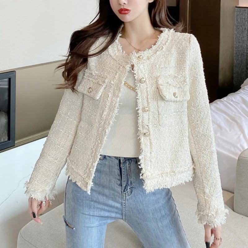 

Korean Long Sleeve Plaid Jacket Female Outwear Mujer High Quality Autumn Winter Woolen Tweed Jacket Coat Women Crop Top