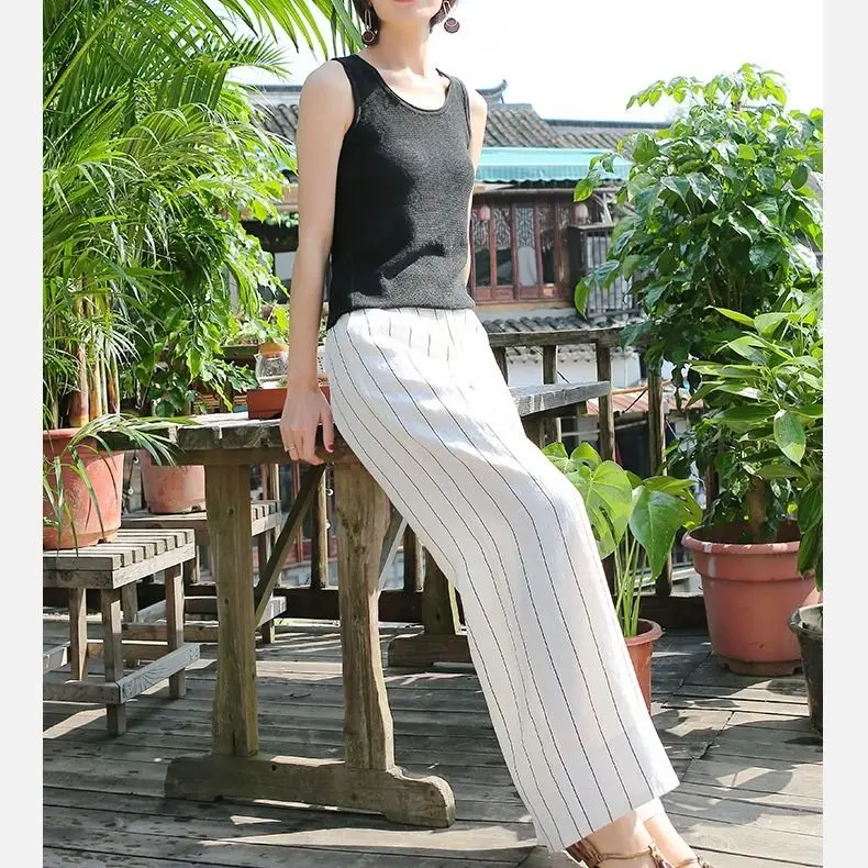 

2021 Spring Summer Women Wide Leg Pants Striped Pockets Loose Fashion Chinese Style Elegant Long Trousers Female Clothes M192