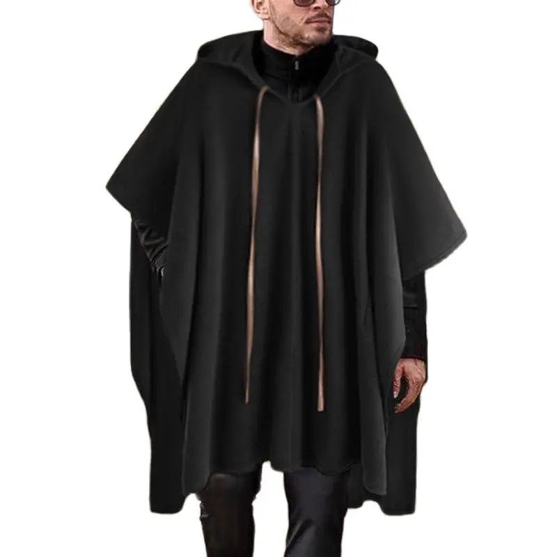 

2021Fashion Men Cloak Coats Hooded Solid Color Cape Poncho 2021 Loose V Neck Streetwear Coat Irregular Men Long Trench S-5XL