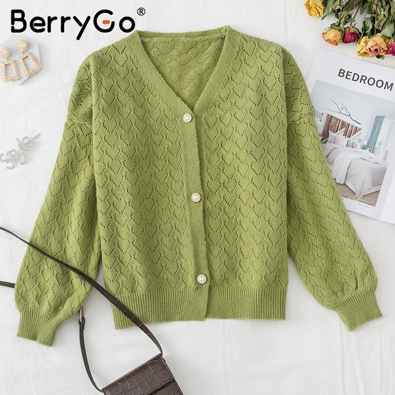 BerryGo Повседневный вязанный кардиган на пуговицах с v-образным вырезом Женские