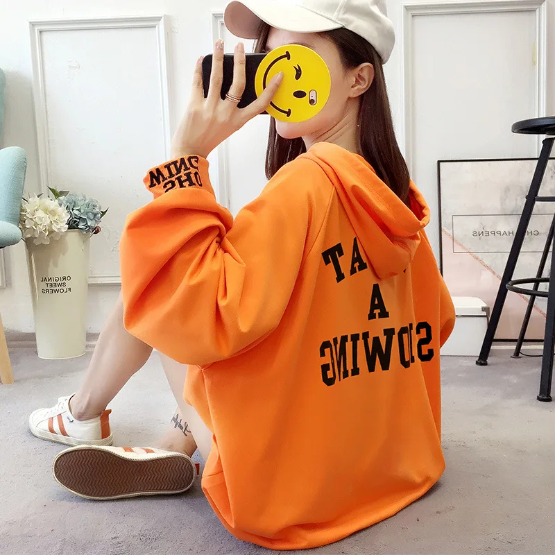 

#2527 Harajuku Casual Hoodies Sweatshirt Female Letters Printed Loose Front Pockets Cotton Pullovers Hoodies Batwing Sleeved
