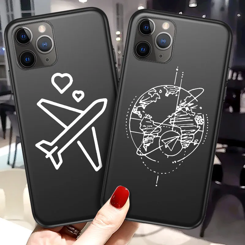 Ottwn Airplane Phone Case For iPhone 11 Pro Max 12 Pro XS Max 6 6S 7 8 Plus XR Cartoon Black World Map Love Soft TPU Back Cover