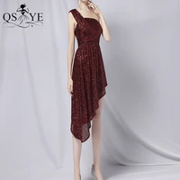 burgundy short prom dresses sequin one shoulder strap evening gown asymmetrical ruched pleat girl red party cocktail dress chic