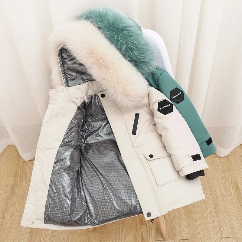 

Winter New Girls Outdoor White Duck Down Jackets Girl Thick Coats Kids Warm Hooded Thicker Plus Velvet Outerwear Baby Boys Coats
