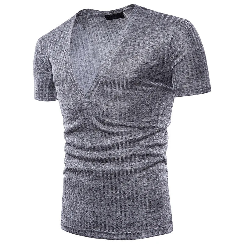 Футболка мужская однотонная с глубоким V-образным вырезом модная дизайнерская