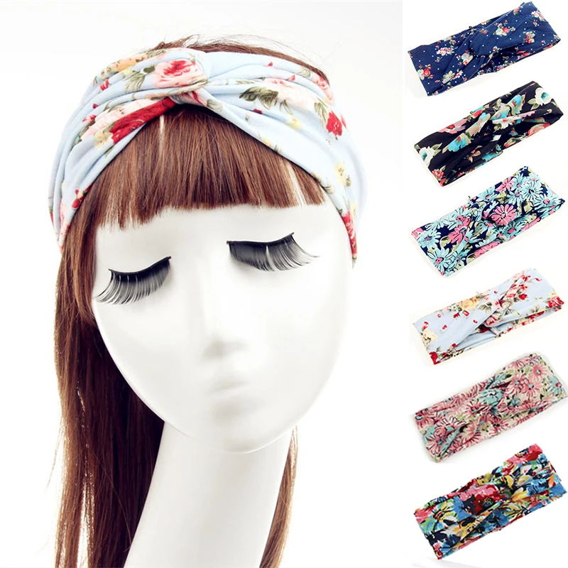 

Женская модная винтажная повязка на голову с цветочным принтом, широкая эластичная лента для волос, аксессуары для волос