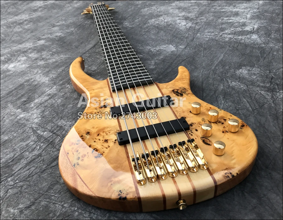 Вымершие 7 струн электрический бас, 11 шт. через шею, твердые Spalted кленовый заусенец, гриф из черного дерева, активные звукосниматели, реальные фото показывает