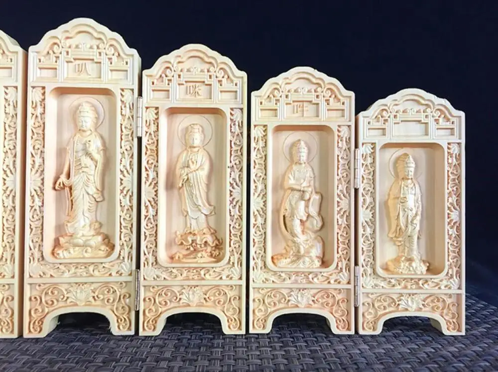 Резьба из самшита восемь коробок статуя Будды Гуаньинь деревянные поделки