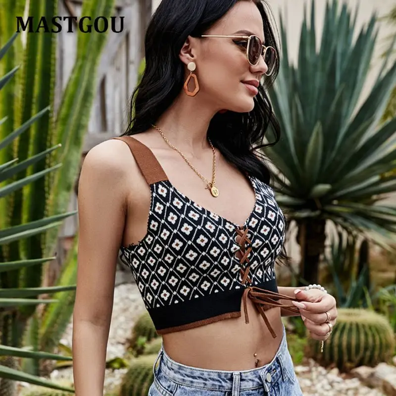 

MASTGOU 2021 Knit Crop Top Women Sleeveless Y2K Floral Printing T Shirts Casual Summer Cross Tie U Neck Tank Top Vintage