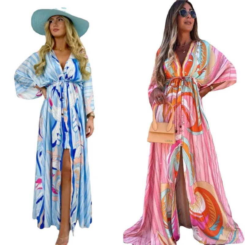 

Elegant Floral Maxi Dresses Women Summer Bohemian Dress With Split Elastic Waist Beach Cover Up Printing Boho Long Party Dress