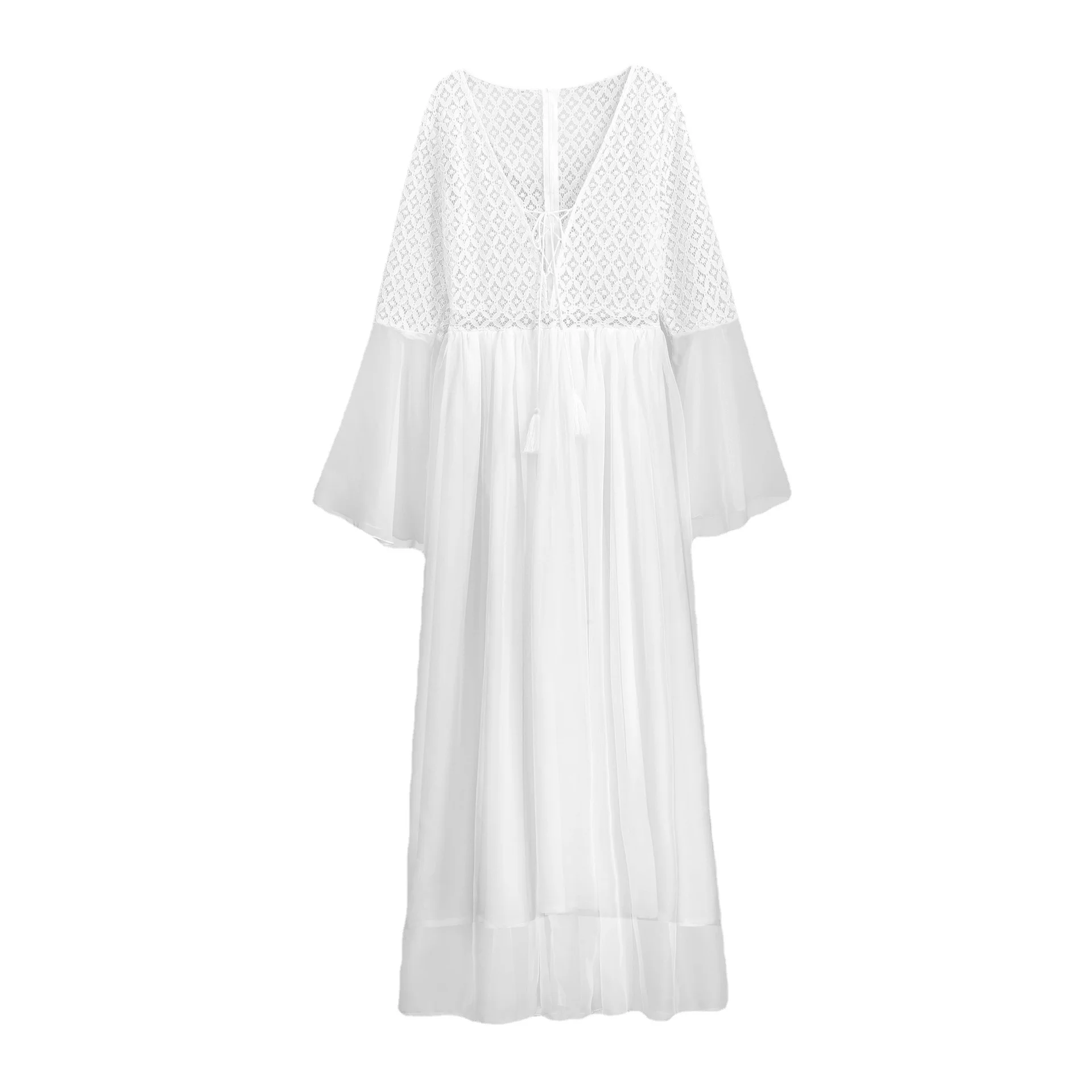 

Beach Dresses Lace Women Long Flare Sleeve V Neck White Hollow Boho Lace Maxi Dress Holiday Chic Summer Female Robe Elegant 90s