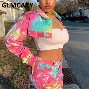 Женская джинсовая укороченная куртка с принтом в виде галстука-красителя и длинным рукавом, шикарное короткое пальто