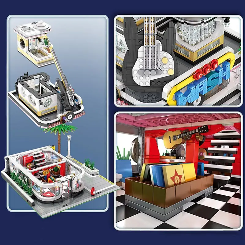 MOC гитарный магазин со светодиодным светильник Creator Ideas Lepining Street View строительные