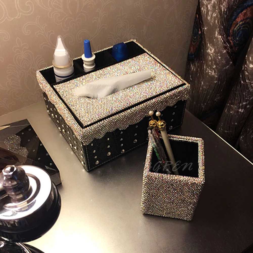 

Elegant Luxury Silver Crystal Home Office Automobile Bling Tissue Holder Box & Car Trash Can & Seat Crevice Storage Box Bling