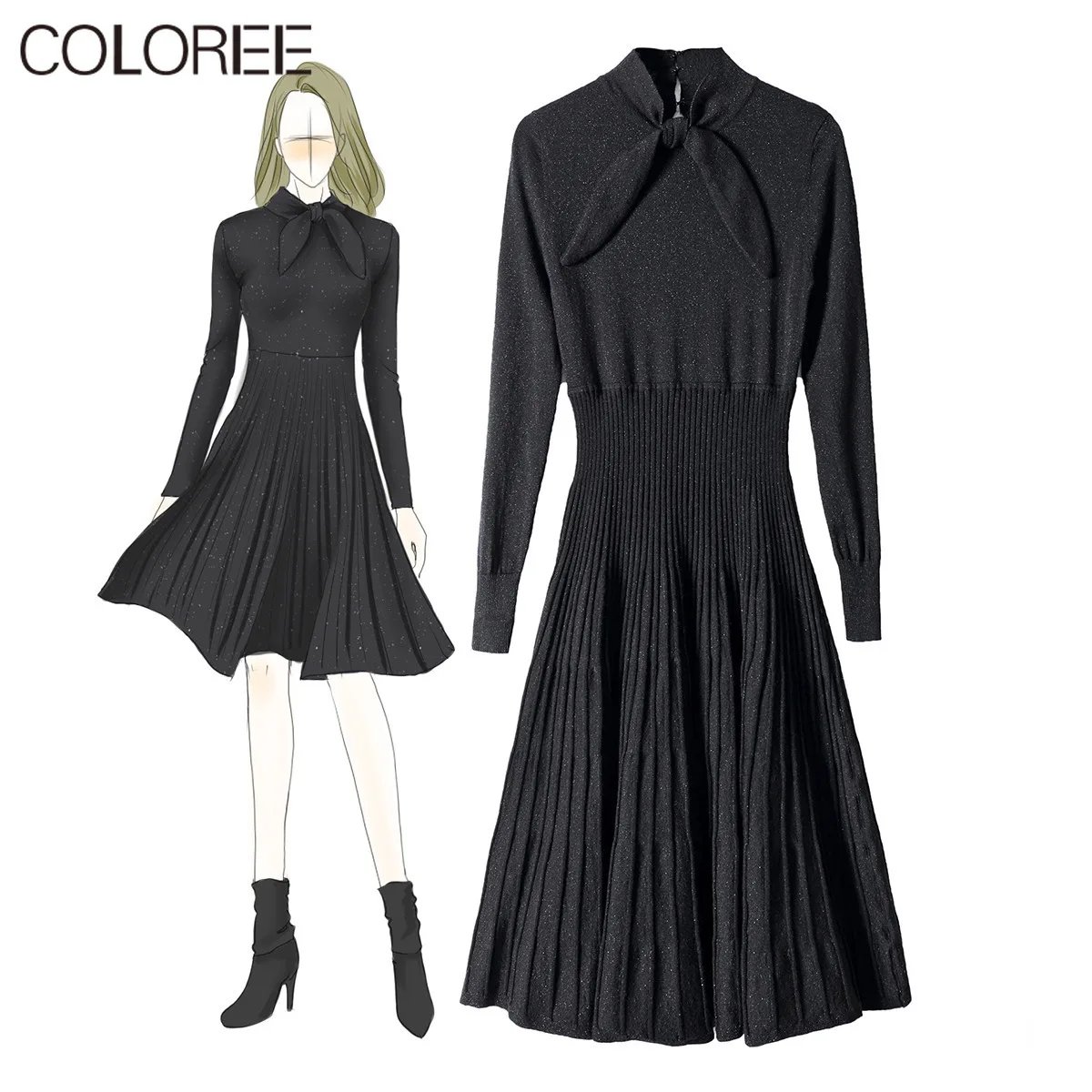 

Vintage Black Knitted Midi Dresses For Women 2021 Autumn Winter Elegant Turtleneck Long Sleeve Draped Knitted Woman Dress