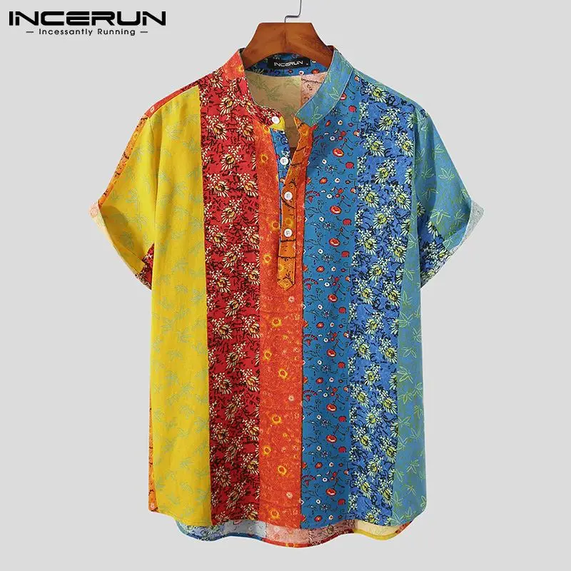 

INCERUN 2021 Summer Short Sleeve Men Shirt Vintage Printed Button Camisa Man Stand Collar Casual Blusas Ethnic Style Floral Tops