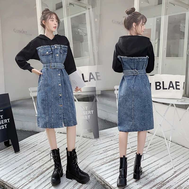 Джинсовое женское платье с длинным рукавом осеннее повседневное модное уличная