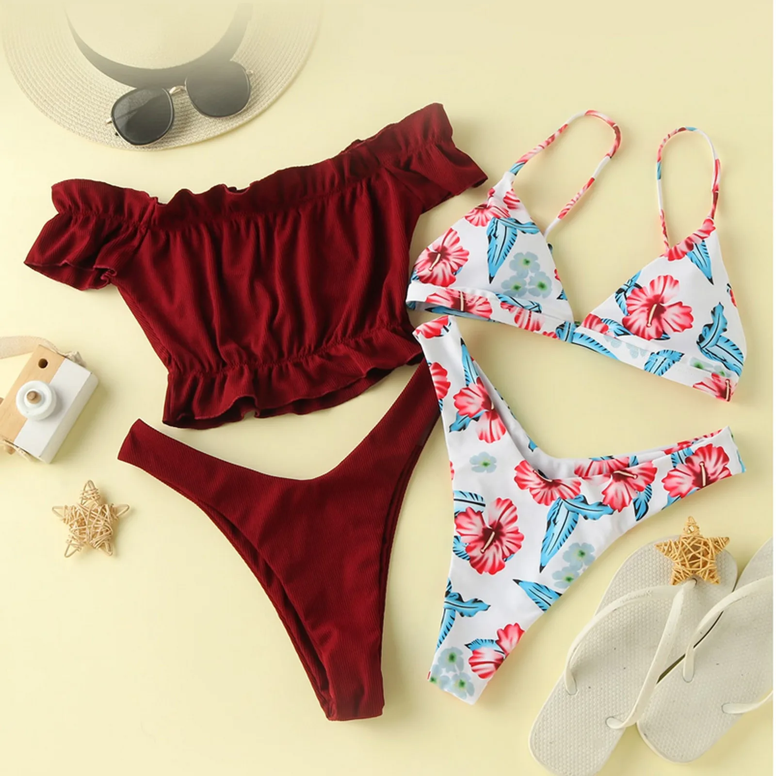 

Women's Bikini Flower Print Cross Bandeau Two Piece Swimsuit Beach Swimwear Female Swimwear Women Mini Thong Bikini